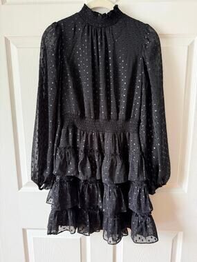 Express Black Mock Neck Tiered Ruffle Sheer Mini Dress XS Coquette Victorian